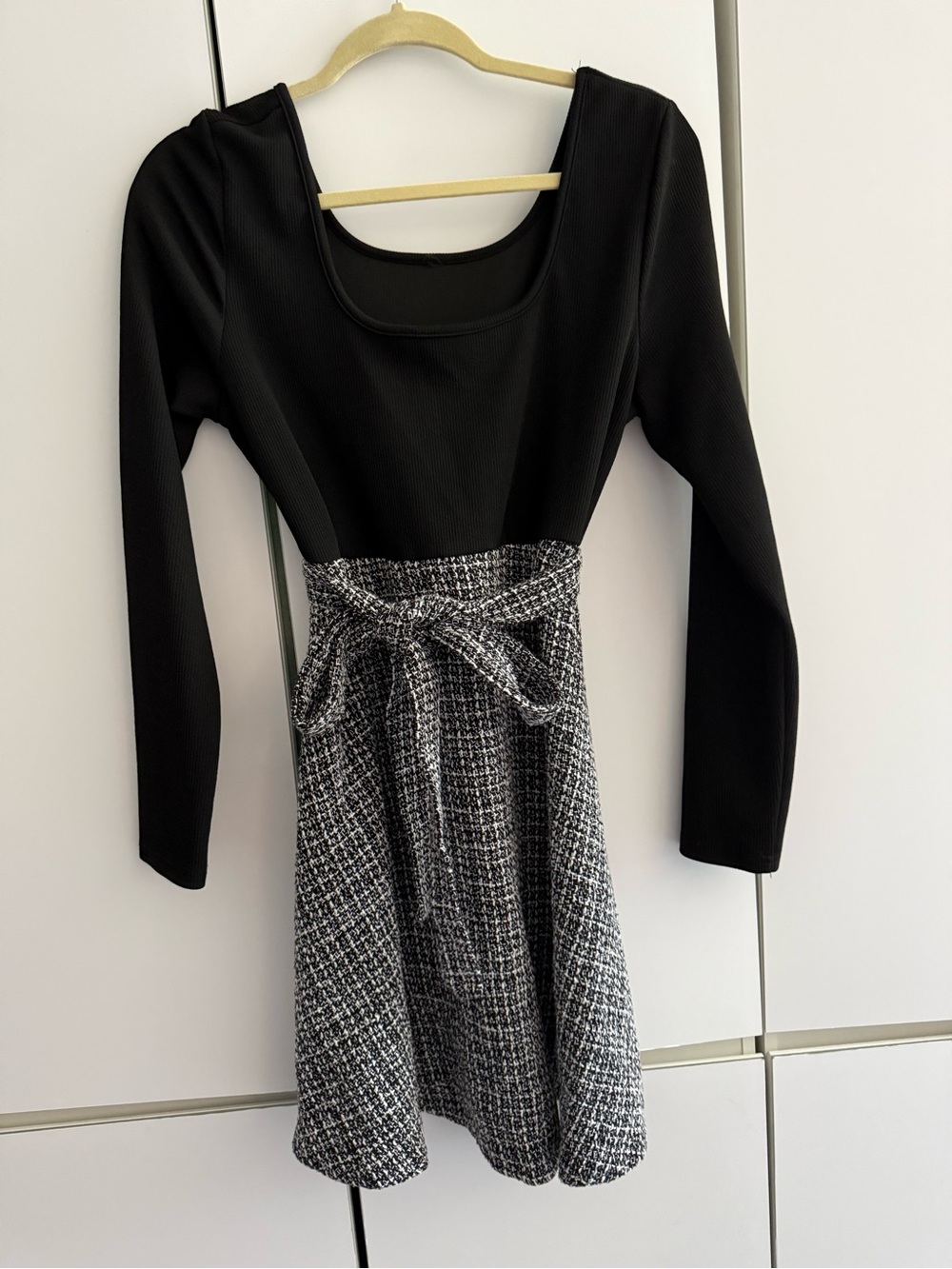 Black Long-Sleeve Dress with Tweed Skirt and Waist Tie